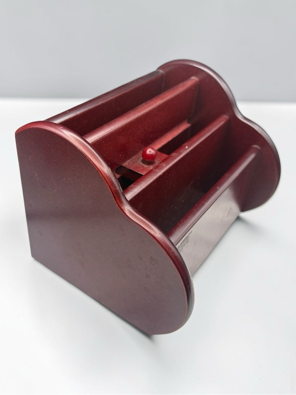 Vintage Cherry Colored Wood Rotating Desk Organizer Napkin Letter Holder 7x6.5”